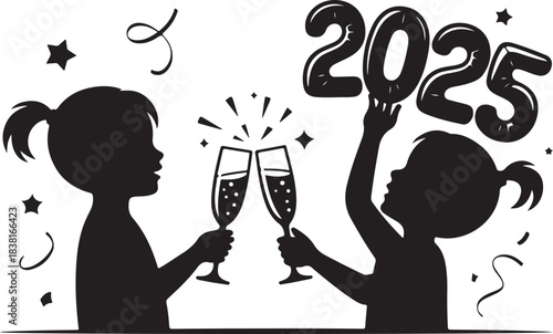 Two children celebrating new year 2025 with champagne flutes