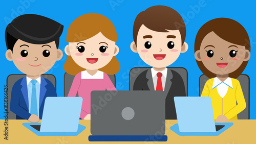 A team of consultants implementing digital transformation strategies for businesses. A group of people are sitting around a table looking at a computer.