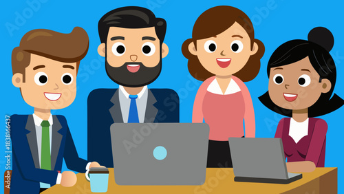 A team of consultants implementing digital transformation strategies for businesses. A group of people are sitting around a table looking at a computer.