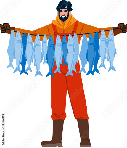 Fisherman holding string of freshly caught fish