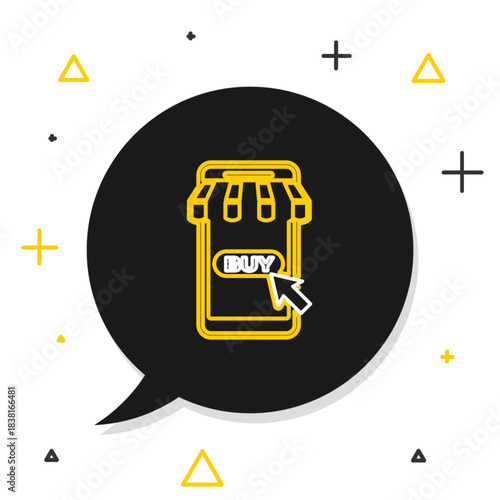 Line Mobile phone and shopping cart with striped awning icon isolated on white background. Online buying symbol. Supermarket basket symbol. Colorful outline concept. Vector