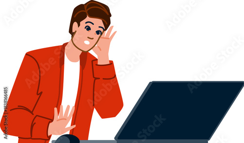 Man overhearing news on laptop showing curiosity