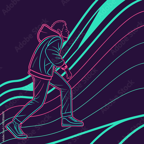 Stylized silhouette of a person in motion with neon lines