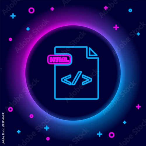Glowing neon line HTML file document. Download html button icon isolated on black background. HTML file symbol. Markup language symbol. Colorful outline concept. Vector