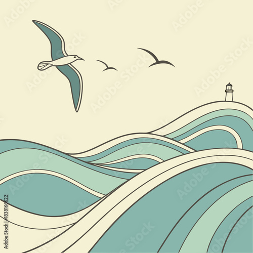 Stylized seagulls fly over rolling waves towards a distant lighthouse