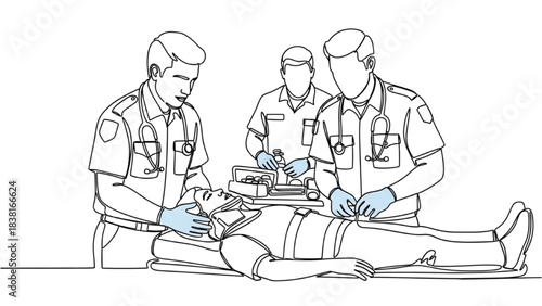 Black continuous line art of emergency medical workers stabilizing a patient with a neck brace after an accident