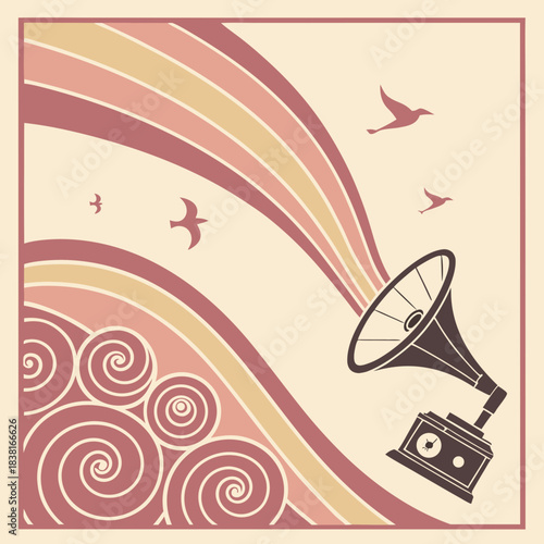 Vintage gramophone emitting colorful sound waves and birds