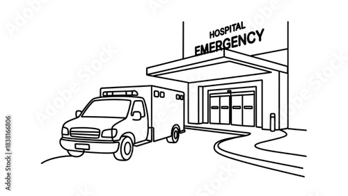 Black continuous line art of an ambulance arriving at a hospital emergency entrance with implied flashing lights