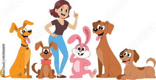 Smiling Woman with Pet Dogs and Pink Rabbit Group