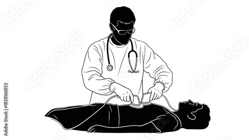 Emergency Doctor Using Defibrillator Silhouette Line Art for Cardiac Arrest Resuscitation