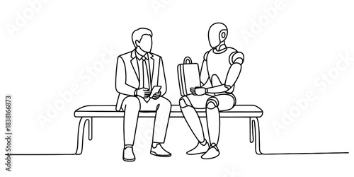 One continuous line drawing of a businessman and a robot sitting on a bench, representing human and ai collaboration, future of work. Vector, illustration