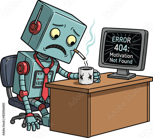 Tired Robot Working on Desk Error 404 Motivation Not Found