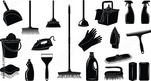 Black Silhouette Icons of House Cleaning Tools and Equipment, Including Brooms, Brushes, Detergents, Iron, Sprayer Bottles, and Household Maintenance Objects Vector Illustration