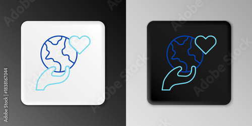 Line Human hand holding Earth globe icon isolated on grey background. Save earth concept. Colorful outline concept. Vector