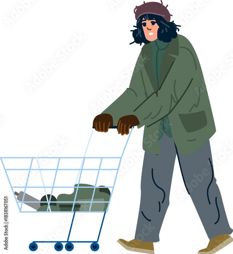 Homeless man pushing an empty shopping cart on street