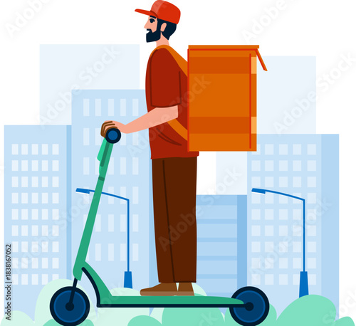 Delivery person riding scooter delivering food in city