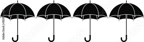 Black Silhouette Open Umbrellas Side-by-Side Repeating Pattern Against White Background Rain Protection Accessory Rainy Season Weather Forecast Element Flat Isolated Vector Illustration
