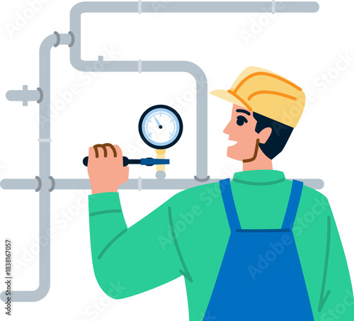 Plumber checking pressure gauge on pipeline system