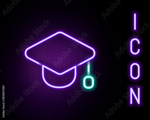 Glowing neon line Graduation cap icon isolated on black background. Graduation hat with tassel icon. Colorful outline concept. Vector