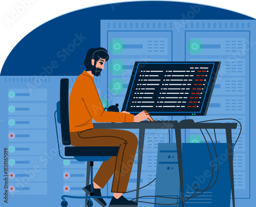 System administrator programming code in a server room