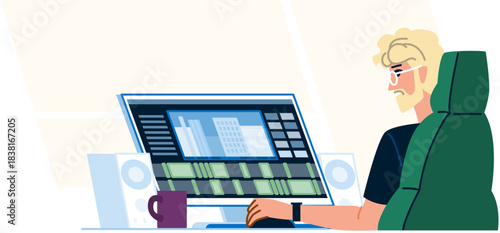 Man working on video editing software timeline