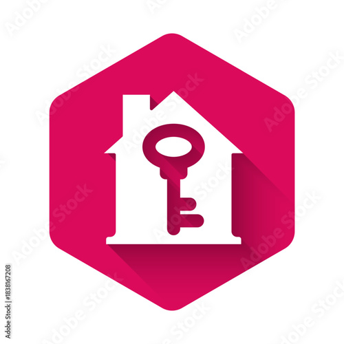 White House with key icon isolated with long shadow. The concept of the house turnkey. Pink hexagon button. Vector