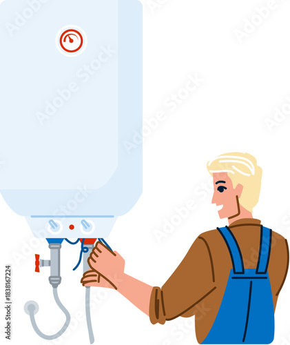 Plumber installing water heater system in house