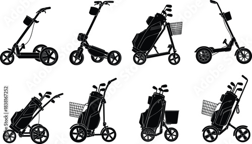 Black Silhouette Set of Modern Motorized and Manual Golf Carts, Golf Bag Carriers, and Push Trolleys for 