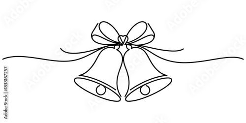 Continuous line art drawing of two wedding bells tied with a ribbon bow, symbolizing marriage, celebration, and joy. minimalist design for event invitations. Vector, illustration