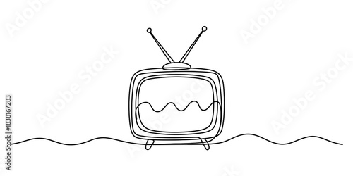 Continuous line drawing of a vintage television with antennas showing a wavy signal on screen, symbolizing retro media and broadcasting concepts. Vector, illustration