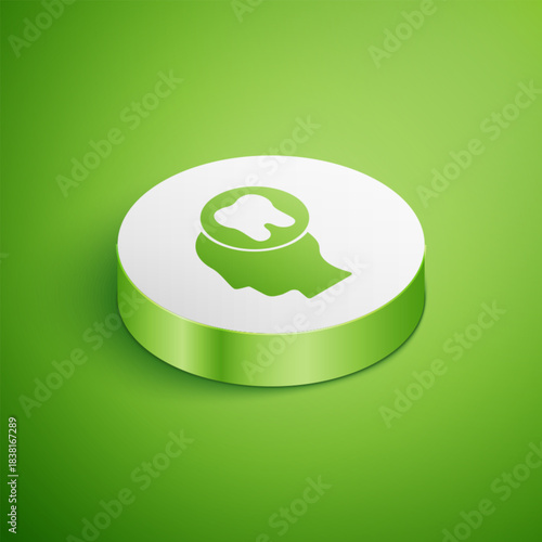 Isometric Human head with tooth icon isolated on green background. Tooth symbol for dentistry clinic or dentist medical center and toothpaste package. White circle button. Vector