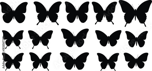 Black Silhouette Vector Illustrations of Realistic and Stylized Butterflies, Diverse Set of Insects with Spread Wings for Graphic Design, Nature, Logo, and Decorative Elements.