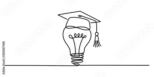 Continuous line drawing of a lightbulb with a graduation cap, representing educational concepts, knowledge, ideas, and innovation. Vector, illustration