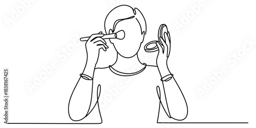 Continuous line art drawing of a person applying eyeshadow with a brush while holding a compact mirror, illustrating a beauty routine. Vector, illustration
