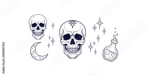 Spooky halloween doodle icons featuring a skull moon magic sparkles and potion bottle on a white background