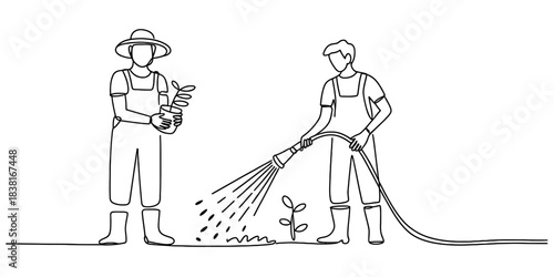 Continuous line drawing of two people gardening, one planting a seedling and the other watering a growing plant with a hose Vector, illustration