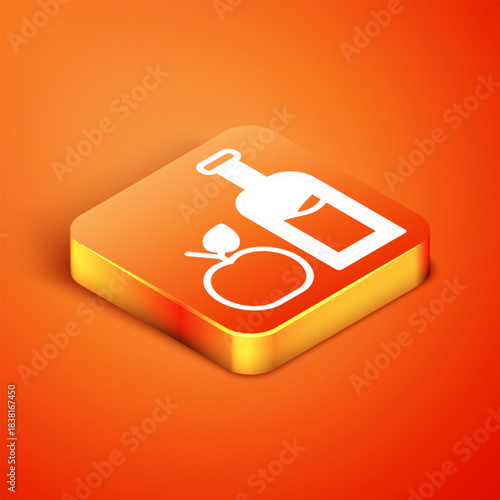 Isometric Apple cider bottle icon isolated on orange background. Beverage glass bottle. Vector