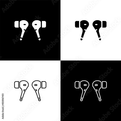 Set Air headphones icon icon isolated on black and white background. Holder wireless in case earphones garniture electronic gadget. Vector