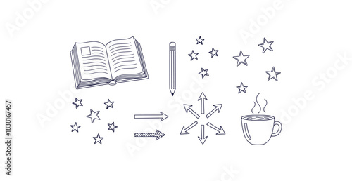 Charming hand drawn doodle collection for student planners featuring pencils books stars arrows and a coffee cup on a clean white background