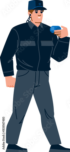 Security guard man walking with radio earpiece