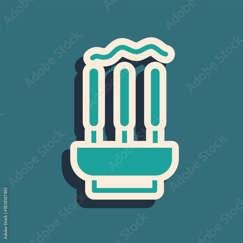 Green Burning aromatic incense sticks icon isolated on green background. Long shadow style. Vector