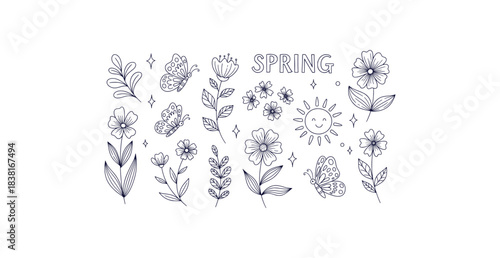 Charming black line art spring doodle set with flowers leaves butterflies and sun on white background