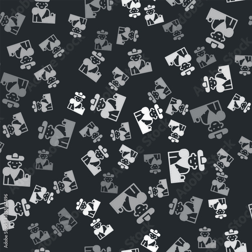 Grey Spain bullfight, matador icon isolated seamless pattern on black background. Traditional Spanish entertainment. Vector