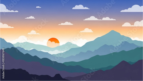 Scenic mountain range at sunrise with layered peaks and fluffy clouds