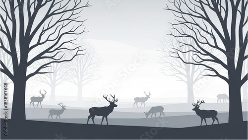 Winter forest landscape illustration with majestic deer amidst bare trees and a misty, serene atmosphere