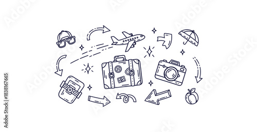 Hand drawn travel and vacation doodles featuring a suitcase airplane camera and decorative elements