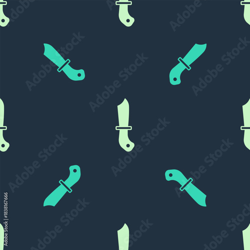 Green and beige Military knife icon isolated seamless pattern on blue background. Vector