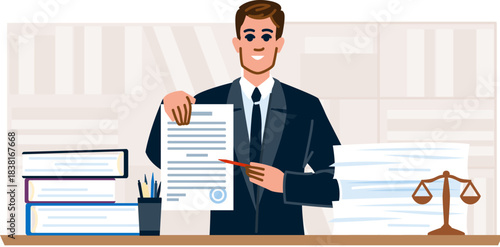 Lawyer advising client and showing contract document