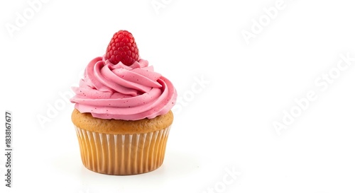 Single raspberry topped cupcake isolated on white background