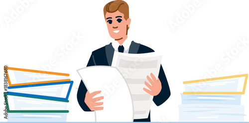 Businessman managing office paperwork, analyzing stack of documents